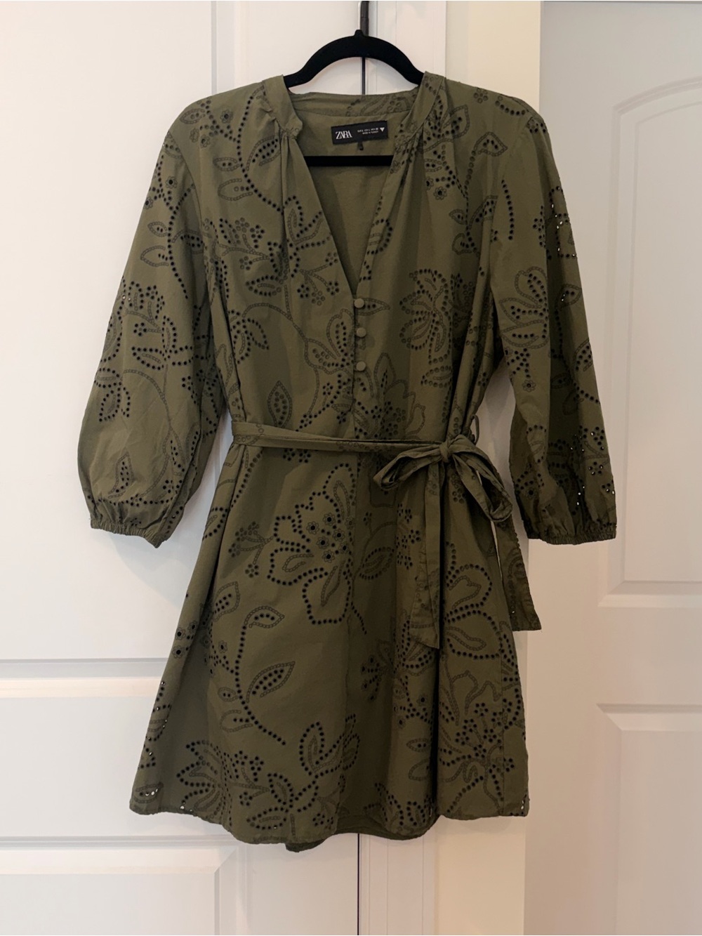Zara Olive Green Eyelet Tie-Waist Mini Dress